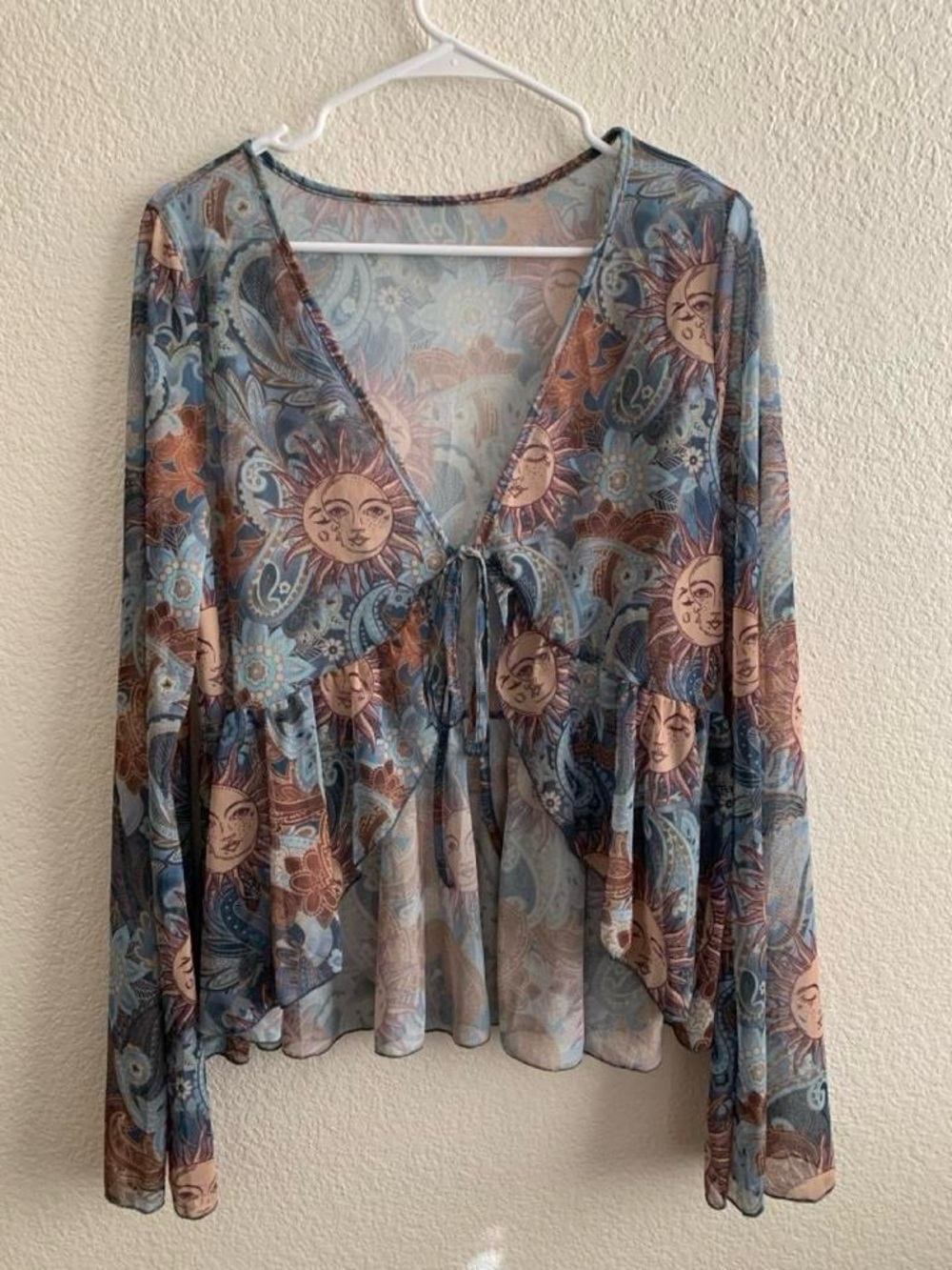 SHEIN ICON Whimsical Fairy Plus Size 1XL Celestial Sun Paisley Mesh Bell Sleeve